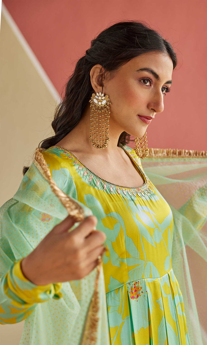 Noor Set- Lime & Cyan silk satin hand embroidered anarkali with churidar and dupatta (set of 3)