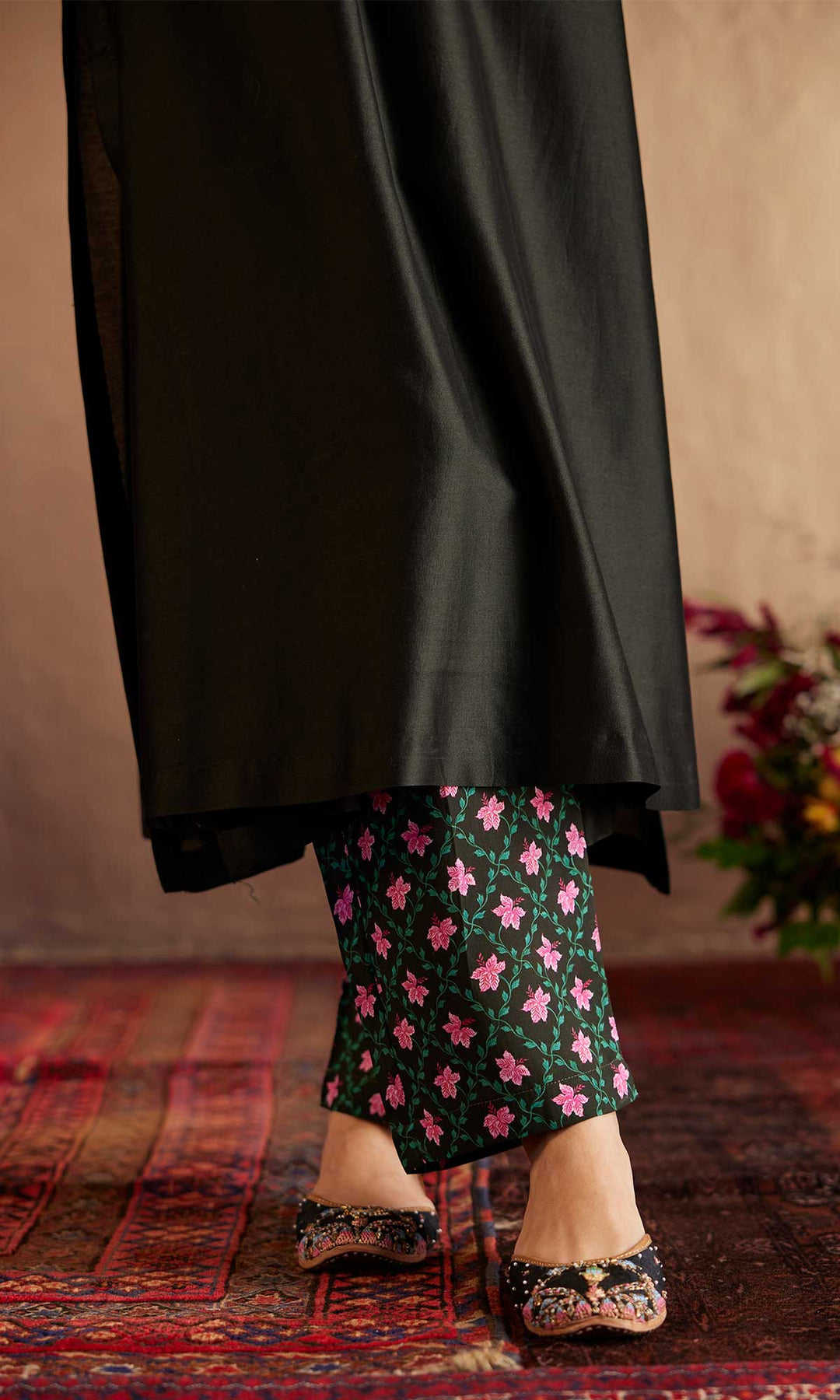 Maryam Set- Black chanderi hand embroidered kaftan with printed pants (set of 2)
