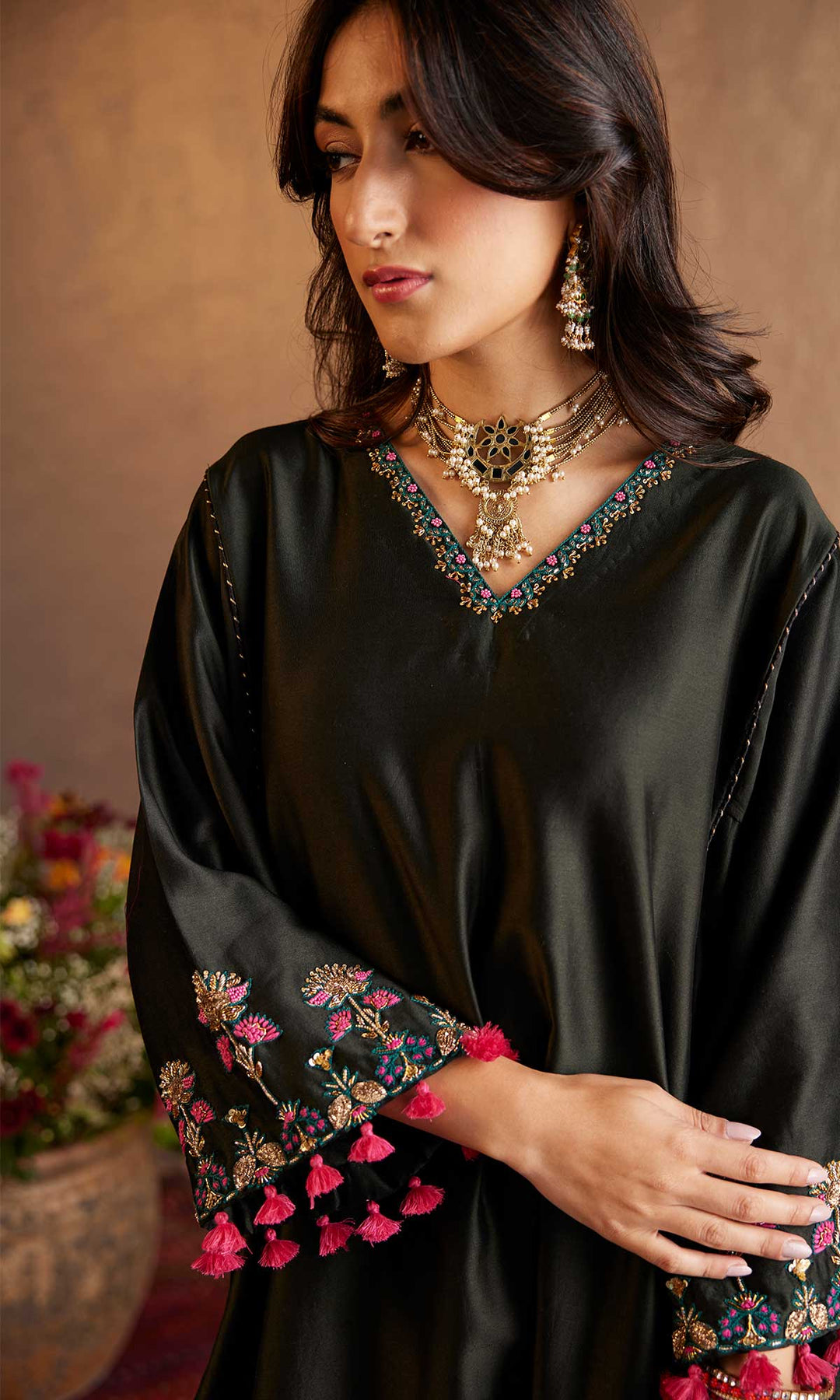 Maryam Set- Black chanderi hand embroidered kaftan with printed pants (set of 2)