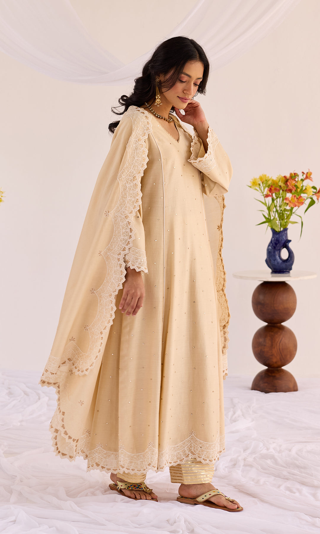Dua Set- Purple chanderi embroidered A-line kurta with pants and dupatta (set of 3)