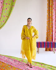 Nura Set- Mustard chanderi banarasi kurta with dhoti and dupatta (set of 3)