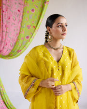 Nura Set- Mustard chanderi banarasi kurta with dhoti and dupatta (set of 3)