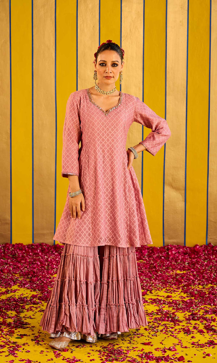 Farzana Set- Rose chanderi hand embroidered double layered sharara set (set of 3)
