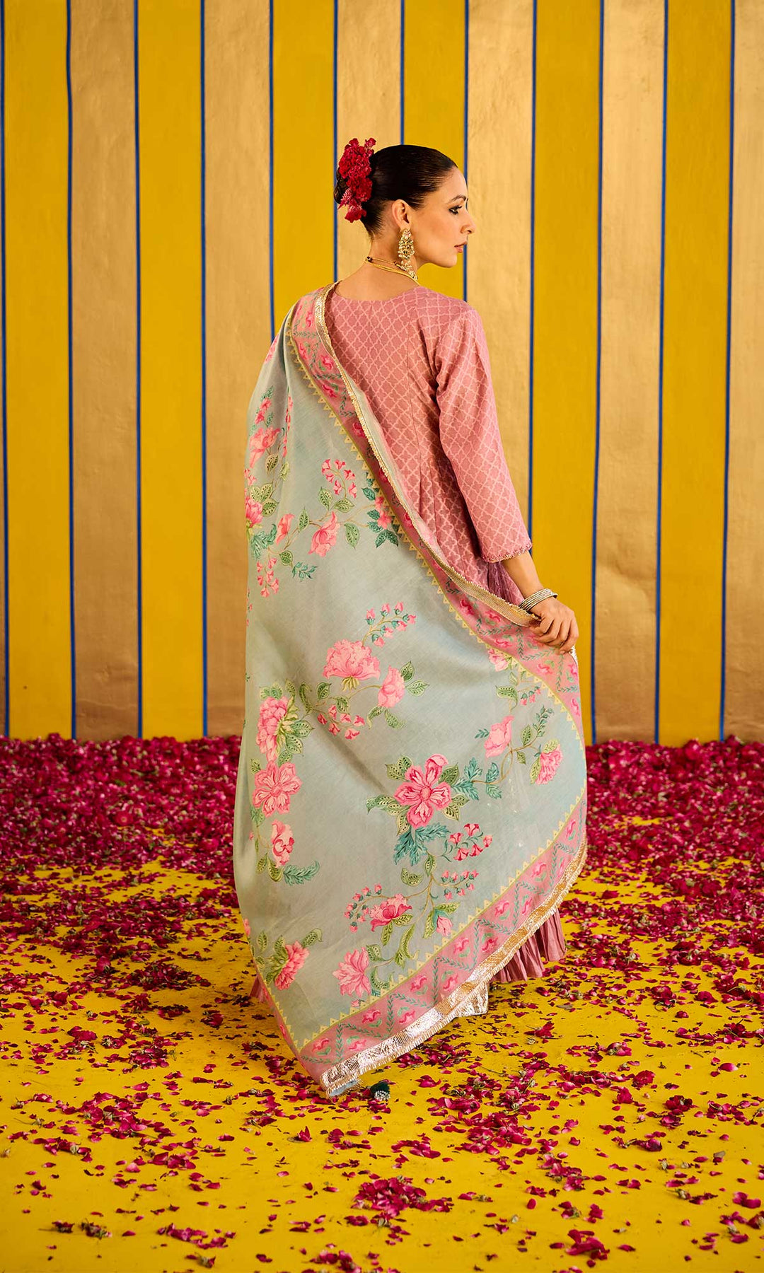 Farzana Set- Rose chanderi hand embroidered double layered sharara set (set of 3)