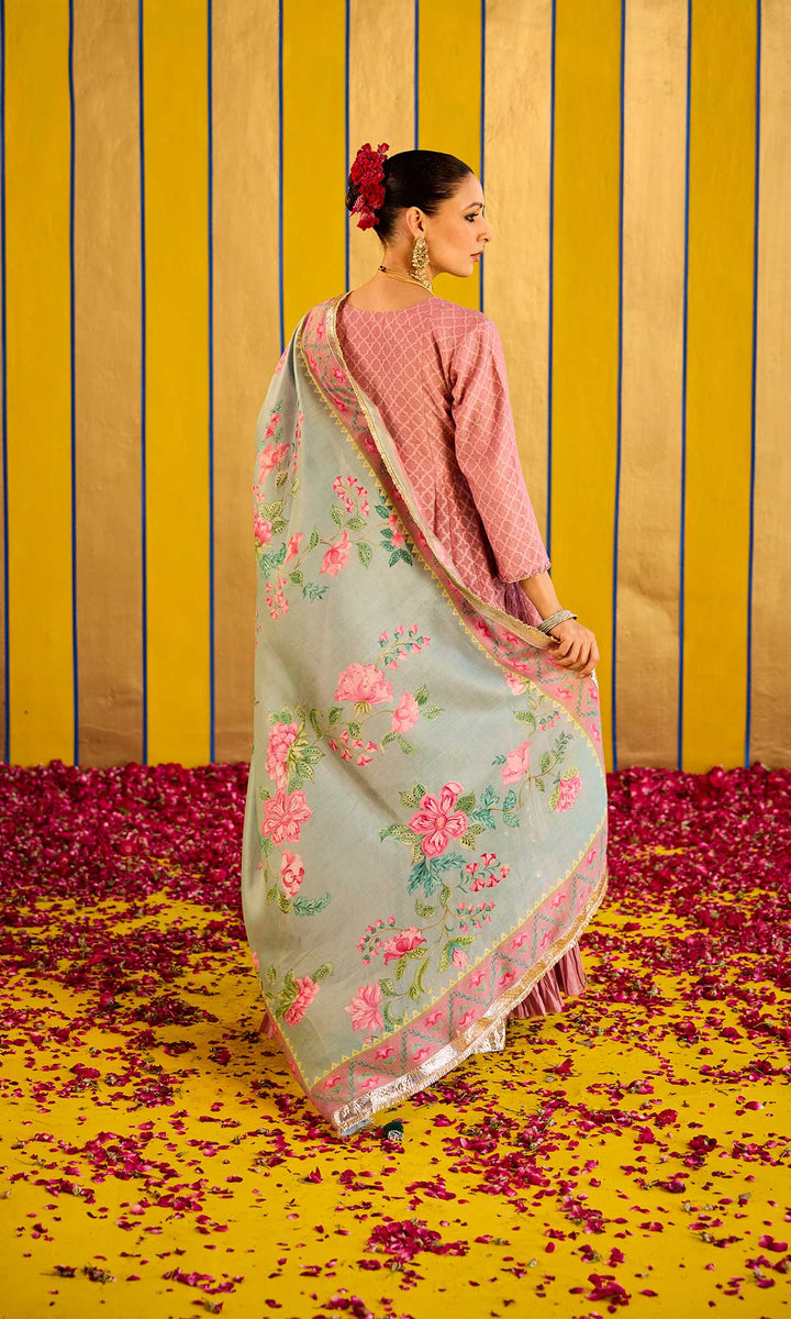 Farzana Set- Rose chanderi hand embroidered double layered sharara set (set of 3)