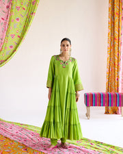 Shazia Set- Lime chanderi & mulmul embroidered kurta with churidar and dupatta (set of 3)