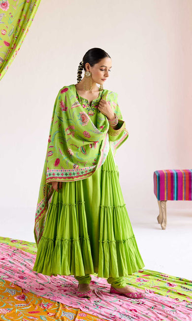 Shazia Set- Lime chanderi & mulmul embroidered kurta with churidar and dupatta (set of 3)