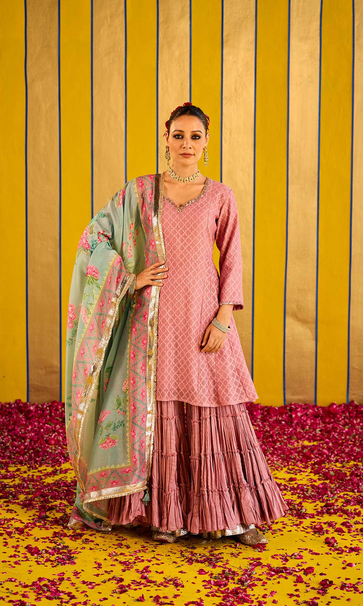 Farzana Set- Rose chanderi hand embroidered double layered sharara set (set of 3)