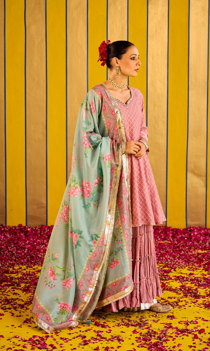 Farzana Set- Rose chanderi hand embroidered double layered sharara set (set of 3)