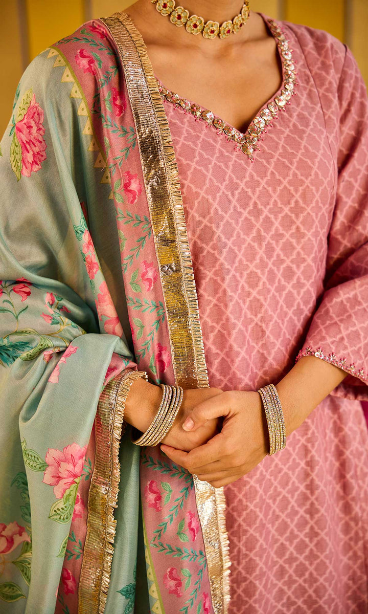 Farzana Set- Rose chanderi hand embroidered double layered sharara set (set of 3)