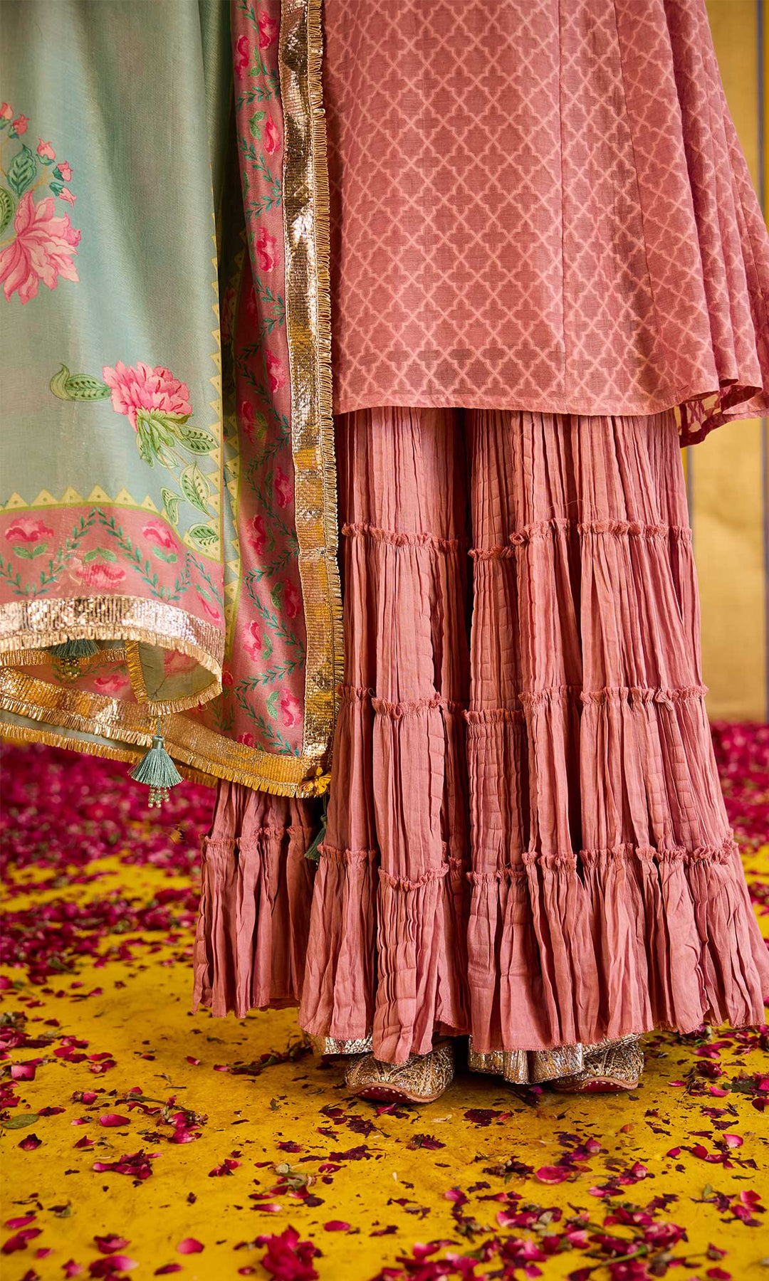 Farzana Set- Rose chanderi hand embroidered double layered sharara set (set of 3)