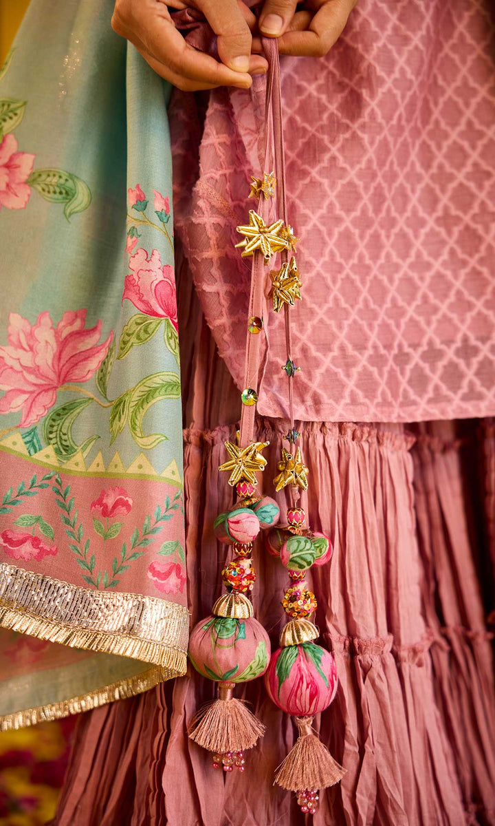 Farzana Set- Rose chanderi hand embroidered double layered sharara set (set of 3)