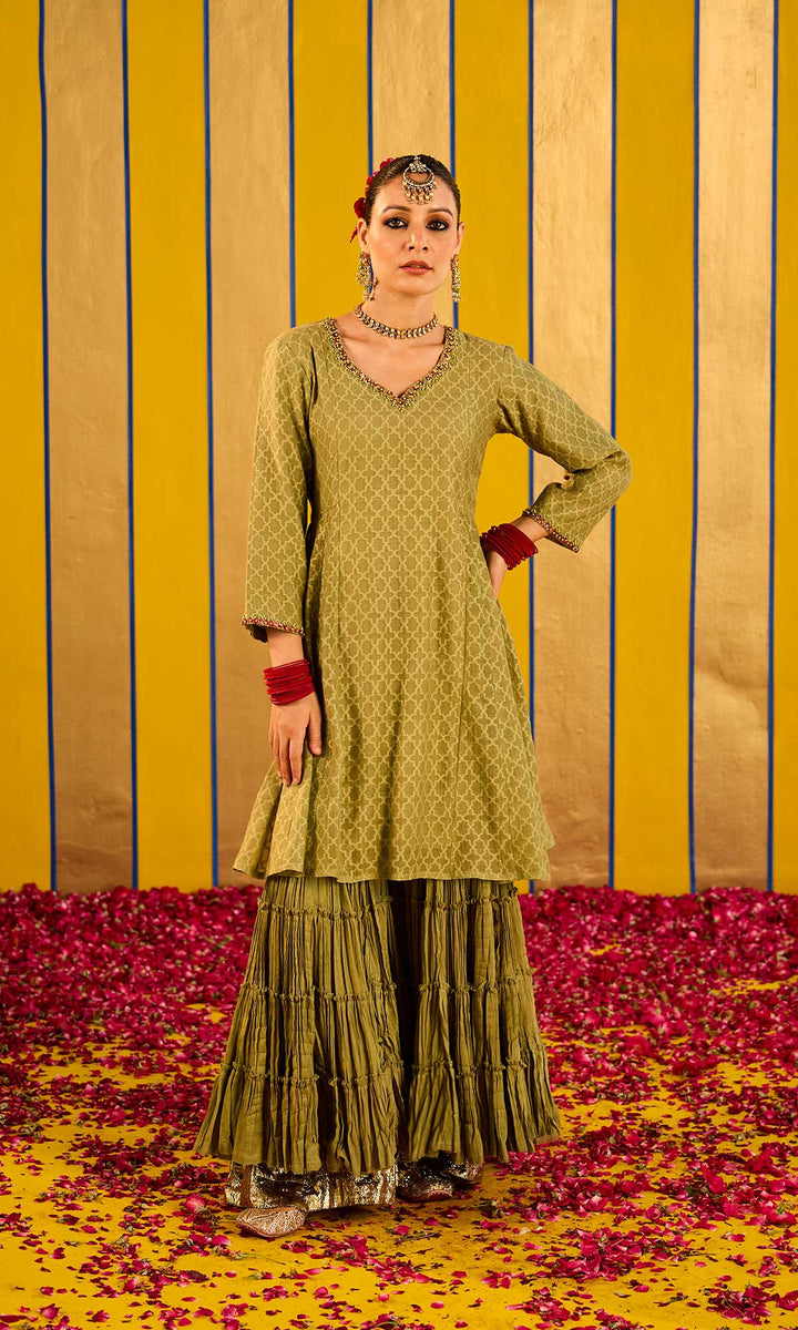Farzana Set- Rose chanderi hand embroidered double layered sharara set (set of 3)