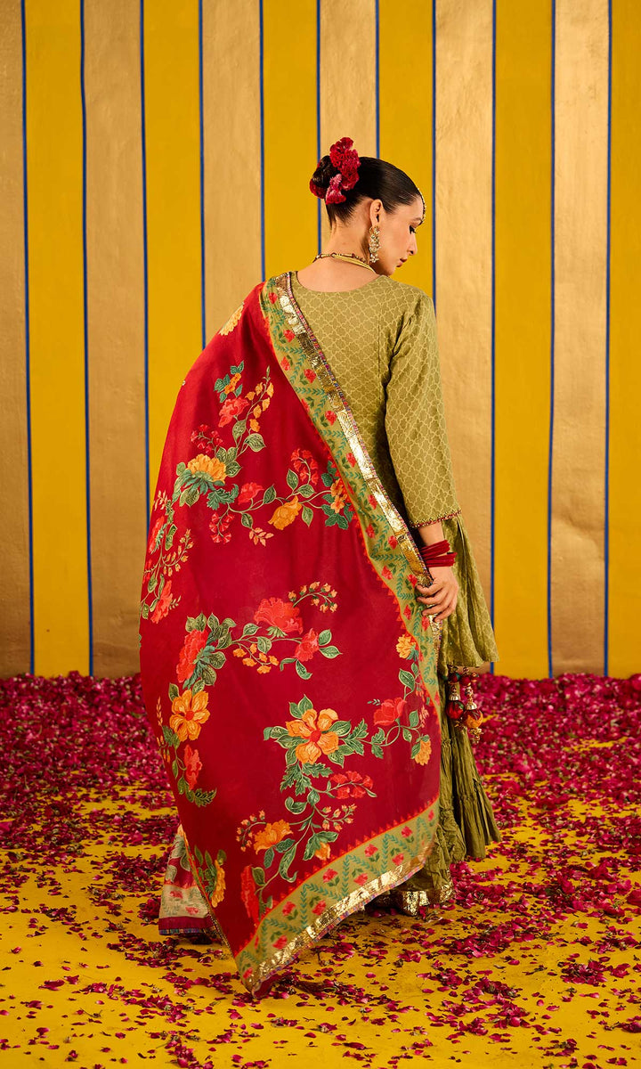 Farzana Set- Rose chanderi hand embroidered double layered sharara set (set of 3)