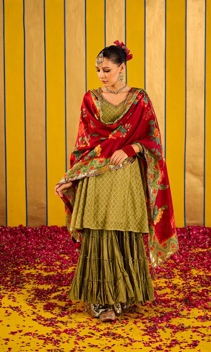 Farzana Set- Rose chanderi hand embroidered double layered sharara set (set of 3)