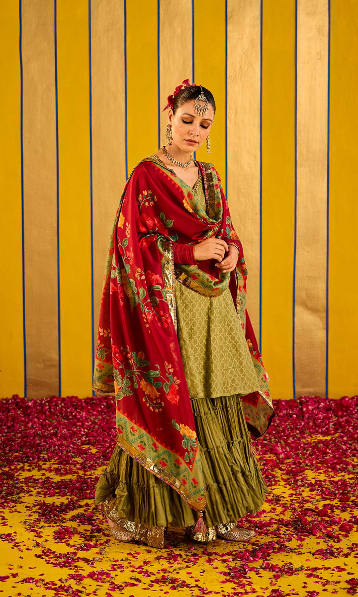 Farzana Set- Rose chanderi hand embroidered double layered sharara set (set of 3)
