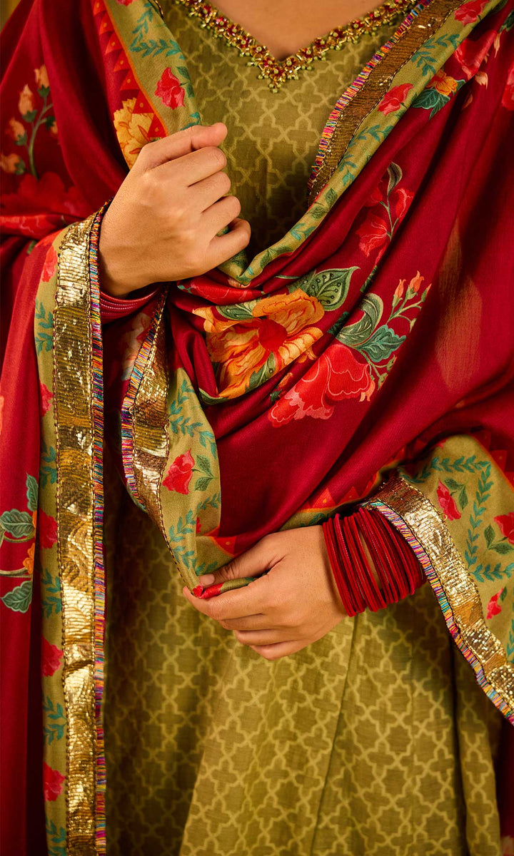 Farzana Set- Rose chanderi hand embroidered double layered sharara set (set of 3)