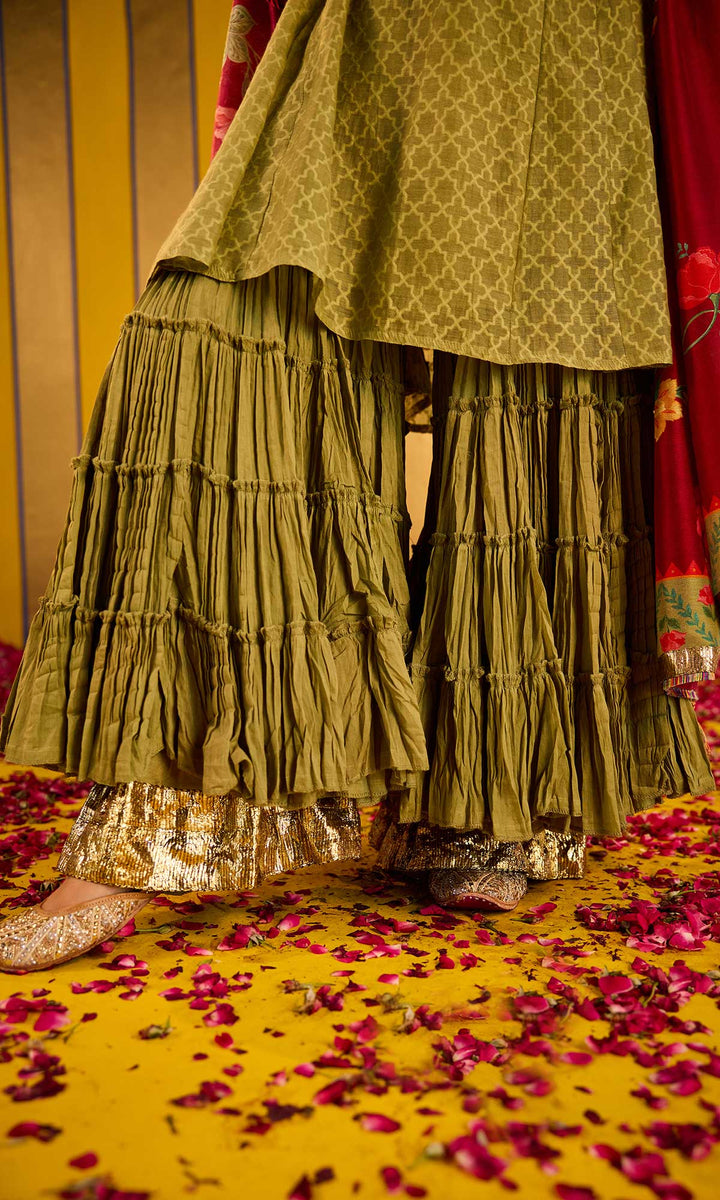 Farzana Set- Rose chanderi hand embroidered double layered sharara set (set of 3)