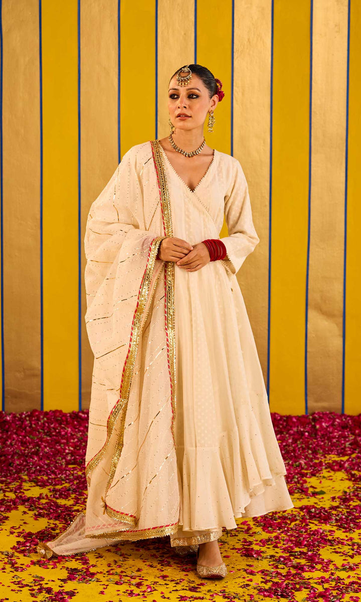 Faryat Set- Kora chanderi angrakha with pants and embroidered dupatta (set of 3)