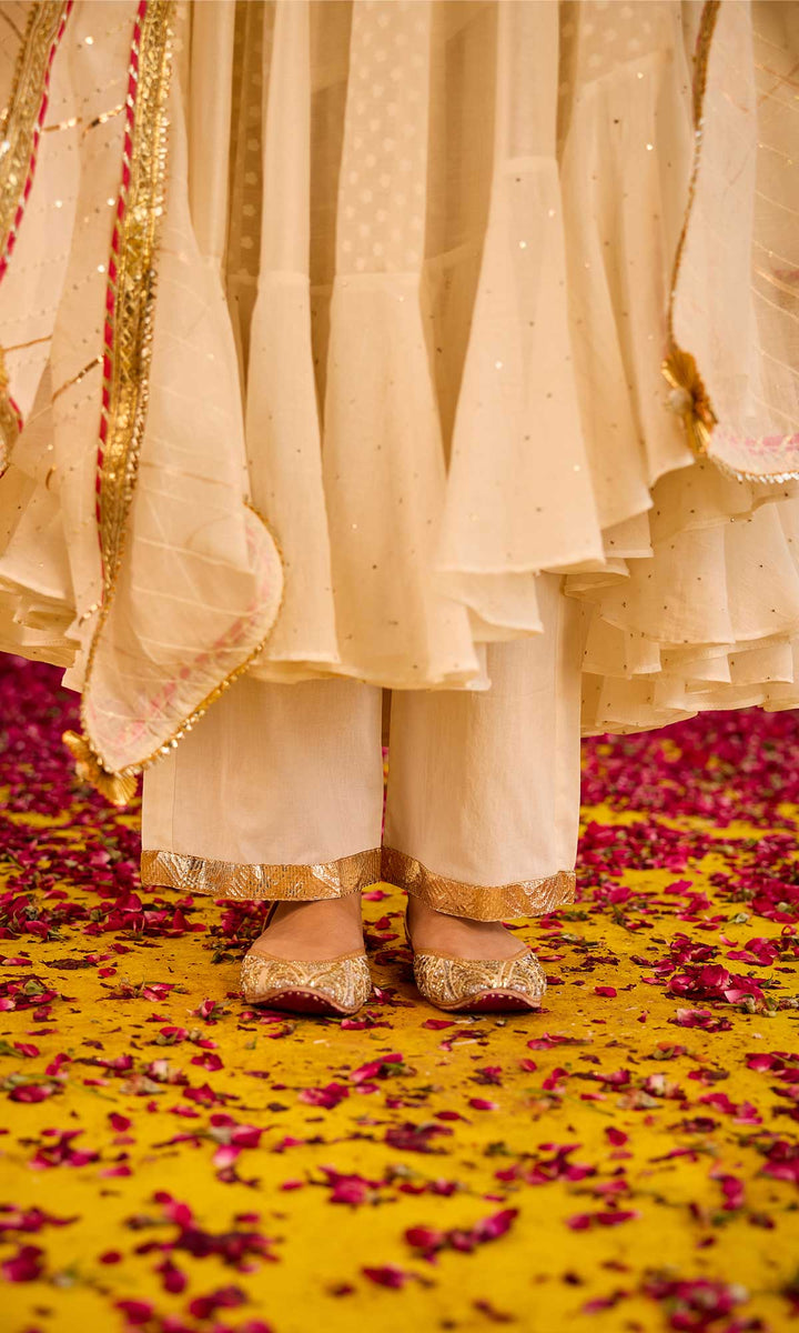 Faryat Set- Kora chanderi angrakha with pants and embroidered dupatta (set of 3)