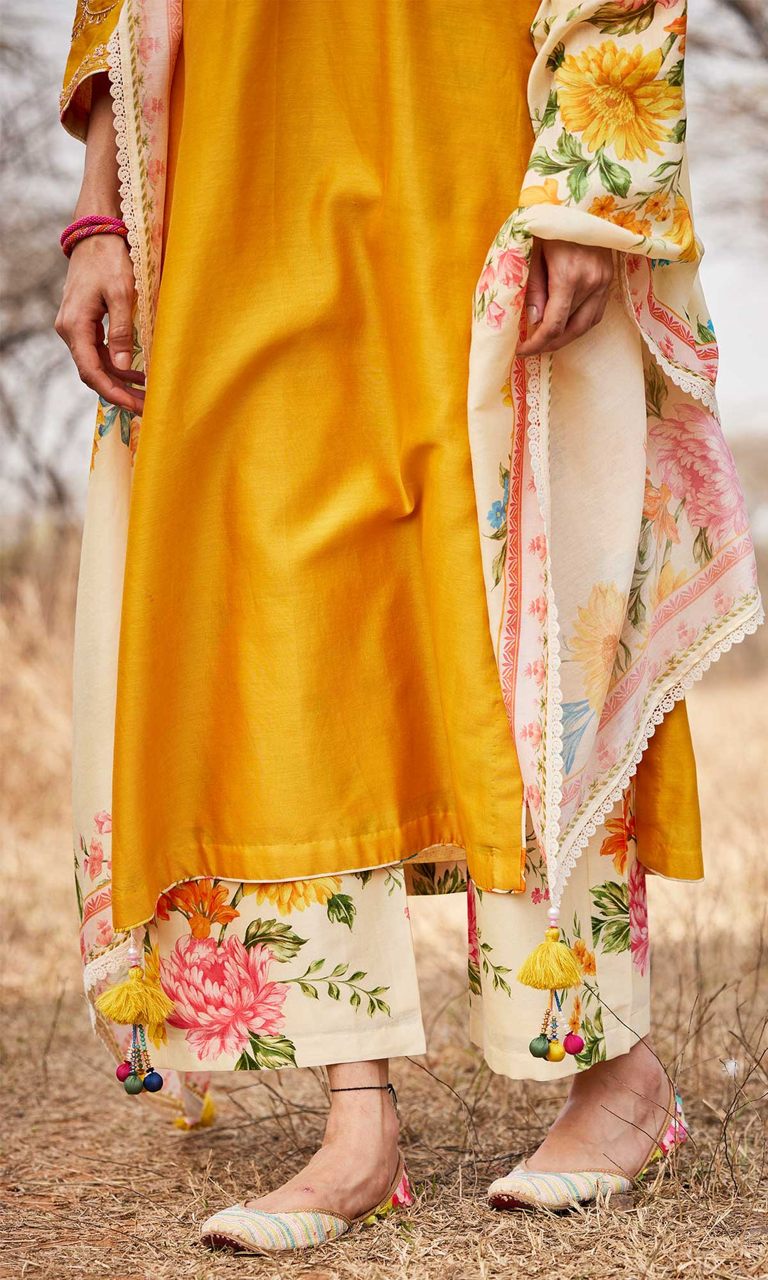Manara Set- Mustard chanderi hand embroidered kurta with pants and dupatta (set of 3)