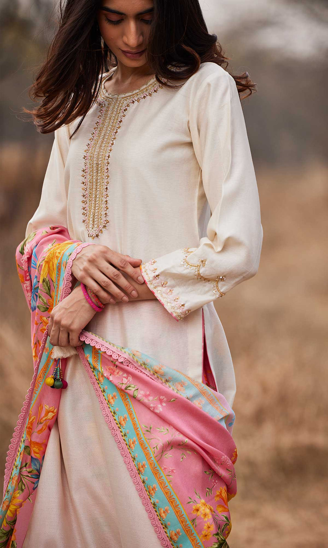 Manara Set- Mustard chanderi hand embroidered kurta with pants and dupatta (set of 3)