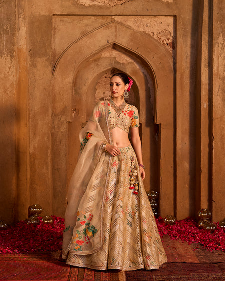 Iqra- Gold chanderi lehenga with hand embroidered blouse and organza dupatta (set of 3)