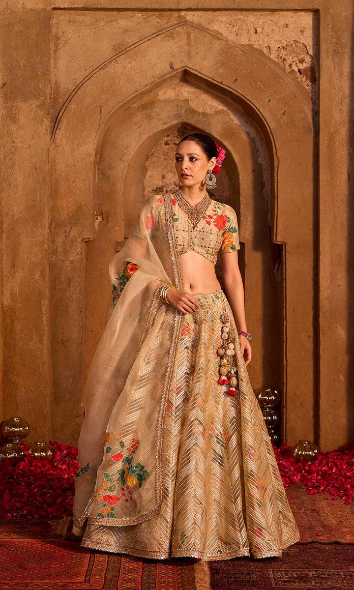 Iqra- Gold chanderi lehenga with hand embroidered blouse and organza dupatta (set of 3)