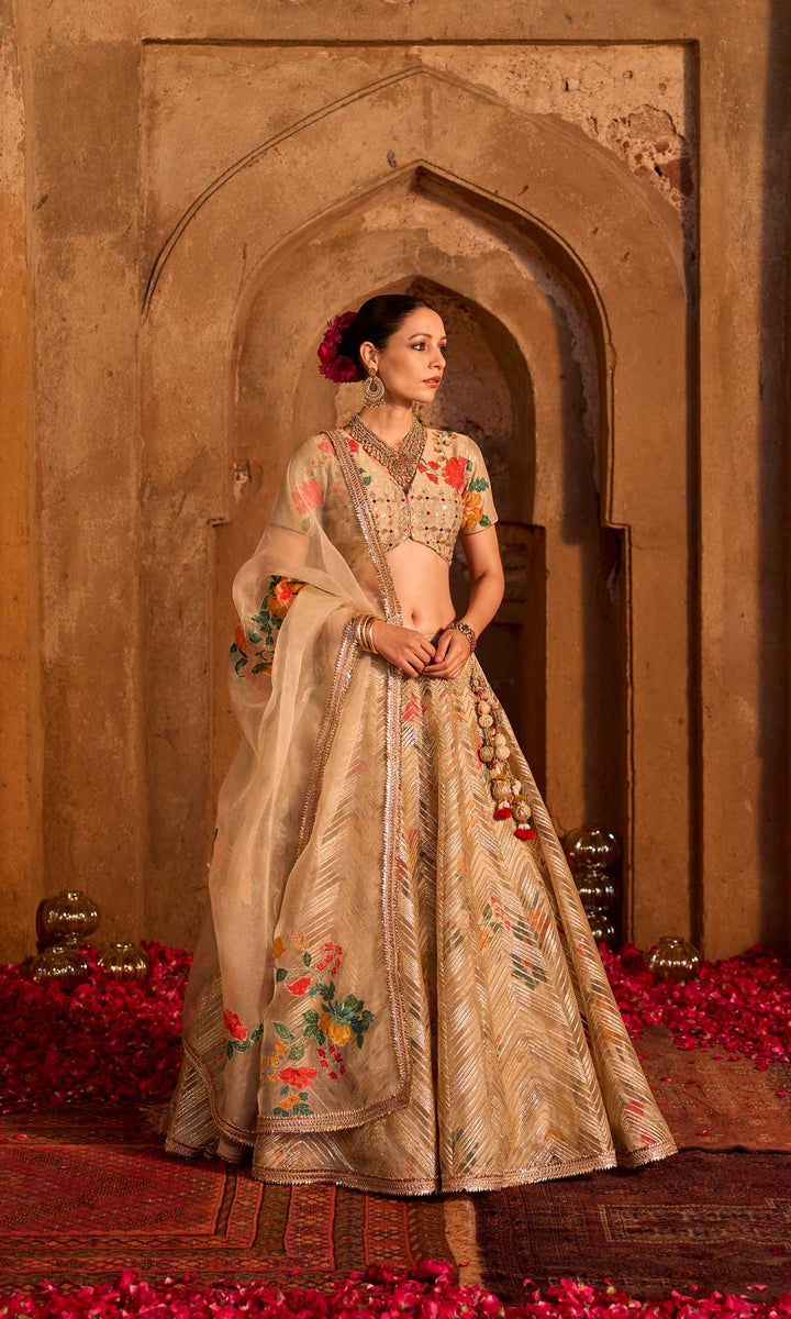 Iqra- Gold chanderi lehenga with hand embroidered blouse and organza dupatta (set of 3)