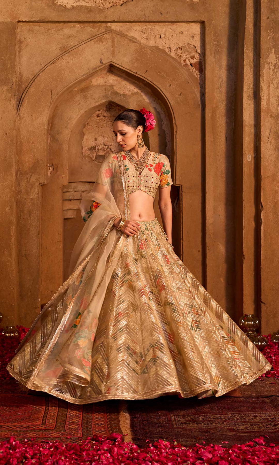 Iqra- Gold chanderi lehenga with hand embroidered blouse and organza dupatta (set of 3)