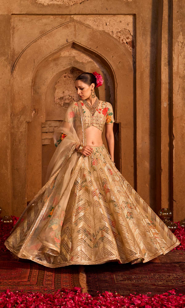 Iqra- Gold chanderi lehenga with hand embroidered blouse and organza dupatta (set of 3)