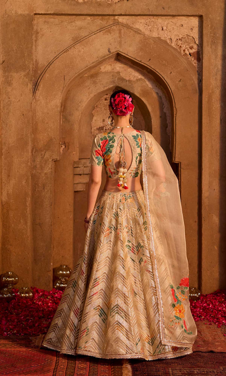Iqra- Gold chanderi lehenga with hand embroidered blouse and organza dupatta (set of 3)