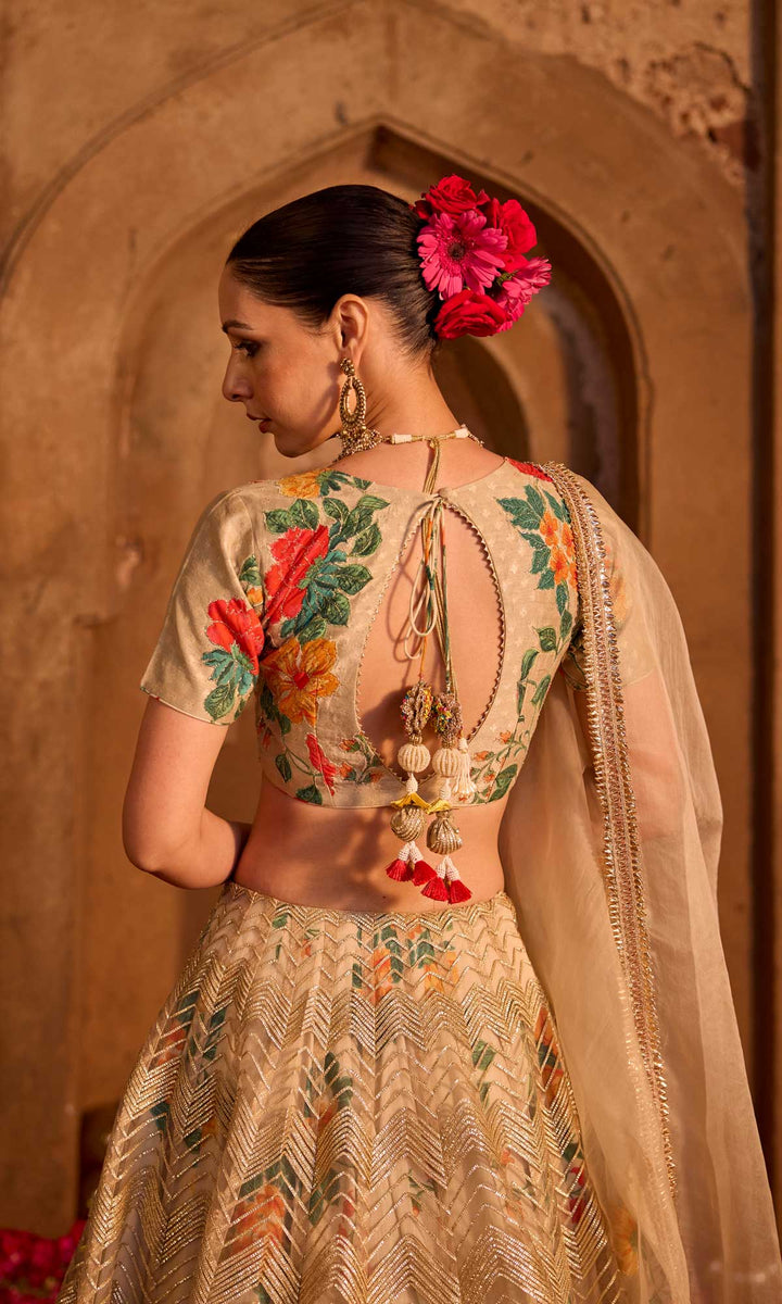 Iqra- Gold chanderi lehenga with hand embroidered blouse and organza dupatta (set of 3)
