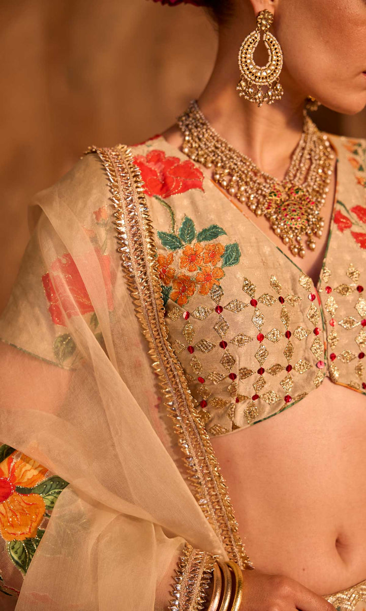 Iqra- Gold chanderi lehenga with hand embroidered blouse and organza dupatta (set of 3)