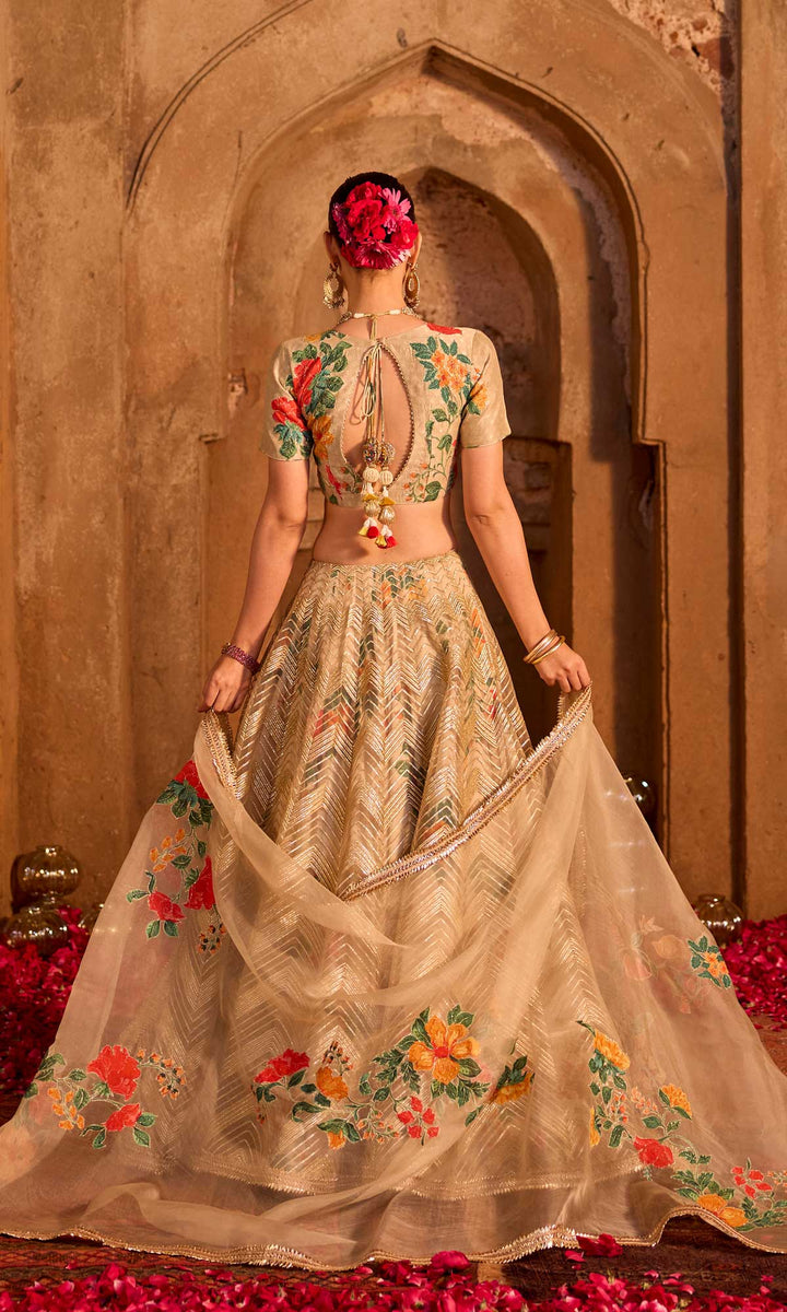 Iqra- Gold chanderi lehenga with hand embroidered blouse and organza dupatta (set of 3)
