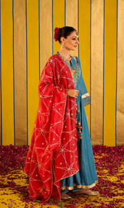 Raheema Set- Blue chanderi embroidered anarkali with pants and Red dupatta (set of 3)