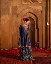 Madiha Set- Navy Blue chanderi embroidered double layered sharara set (set of 3)