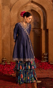 Madiha Set- Navy Blue chanderi embroidered double layered sharara set (set of 3)