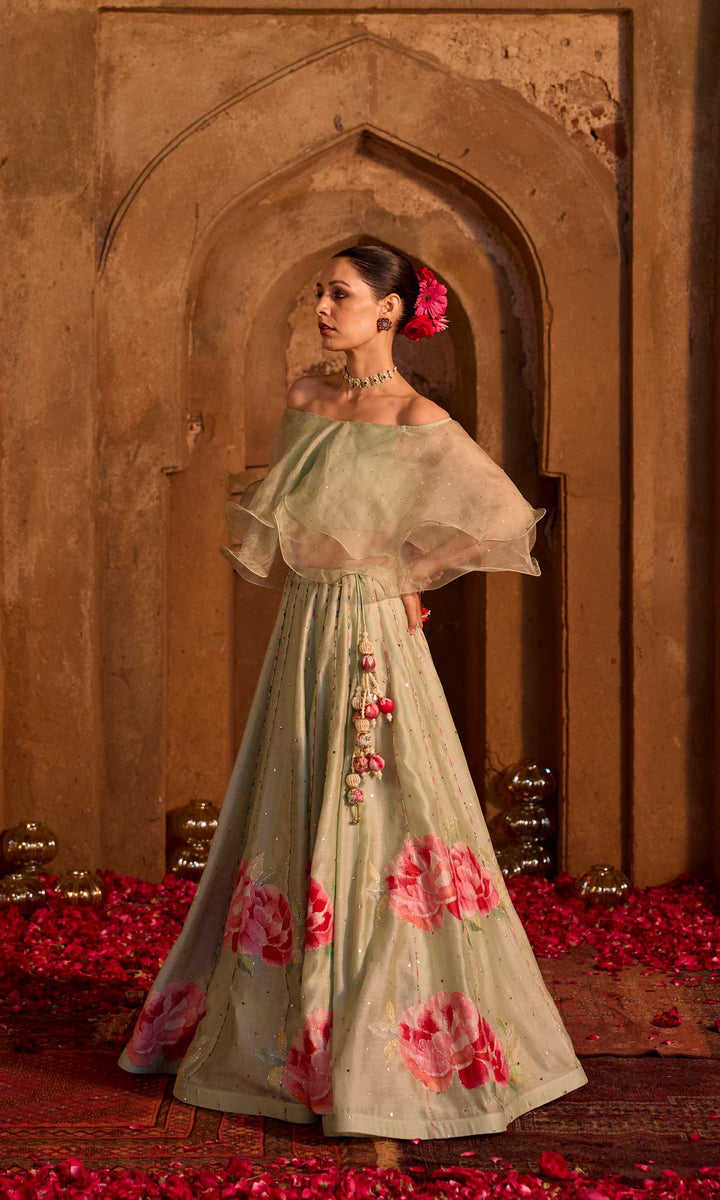 Farisha- Mint floral patched chanderi hand embroidered lehenga with ruffle blouse (set of 2)