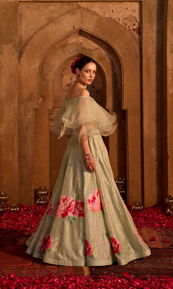 Farisha- Mint floral patched chanderi hand embroidered lehenga with ruffle blouse (set of 2)