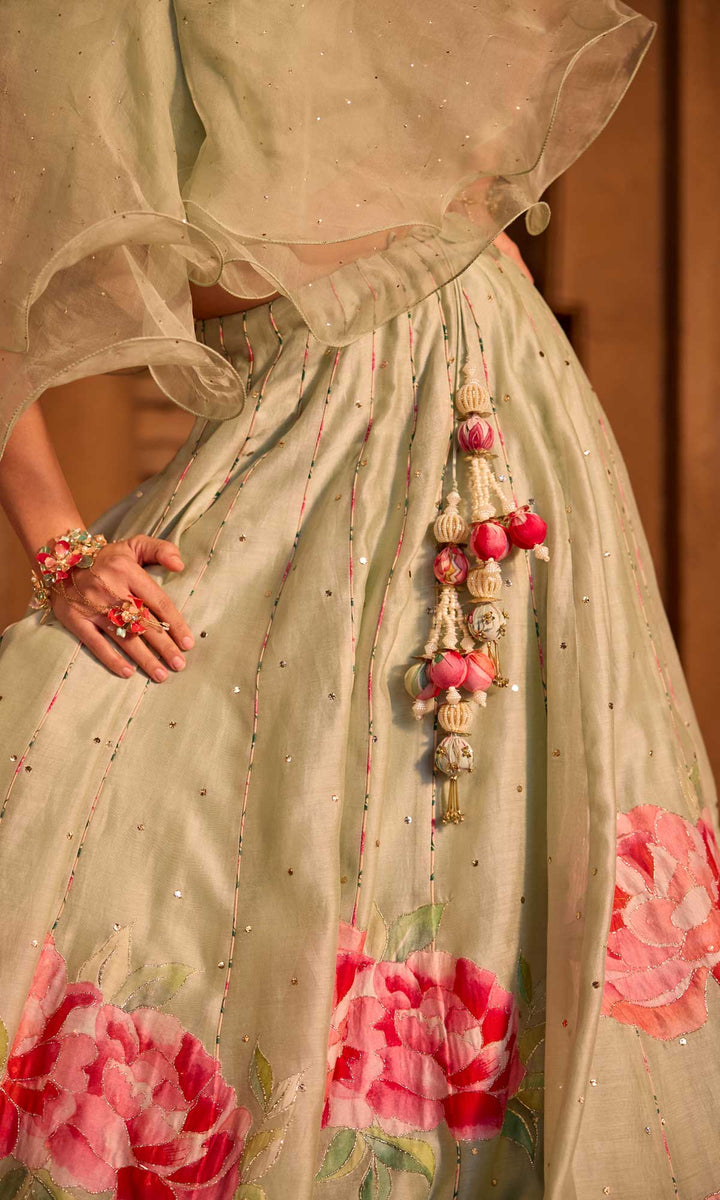 Farisha- Mint floral patched chanderi hand embroidered lehenga with ruffle blouse (set of 2)