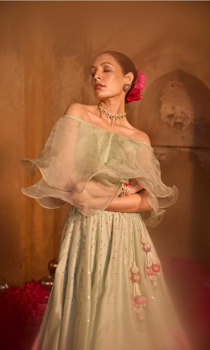 Farisha- Mint floral patched chanderi hand embroidered lehenga with ruffle blouse (set of 2)