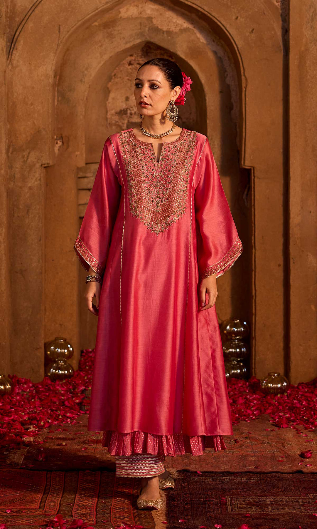 Tamara Set- Salmon Pink chanderi hand embroidered double layered kalidar kurta set with dupatta (set of 4)
