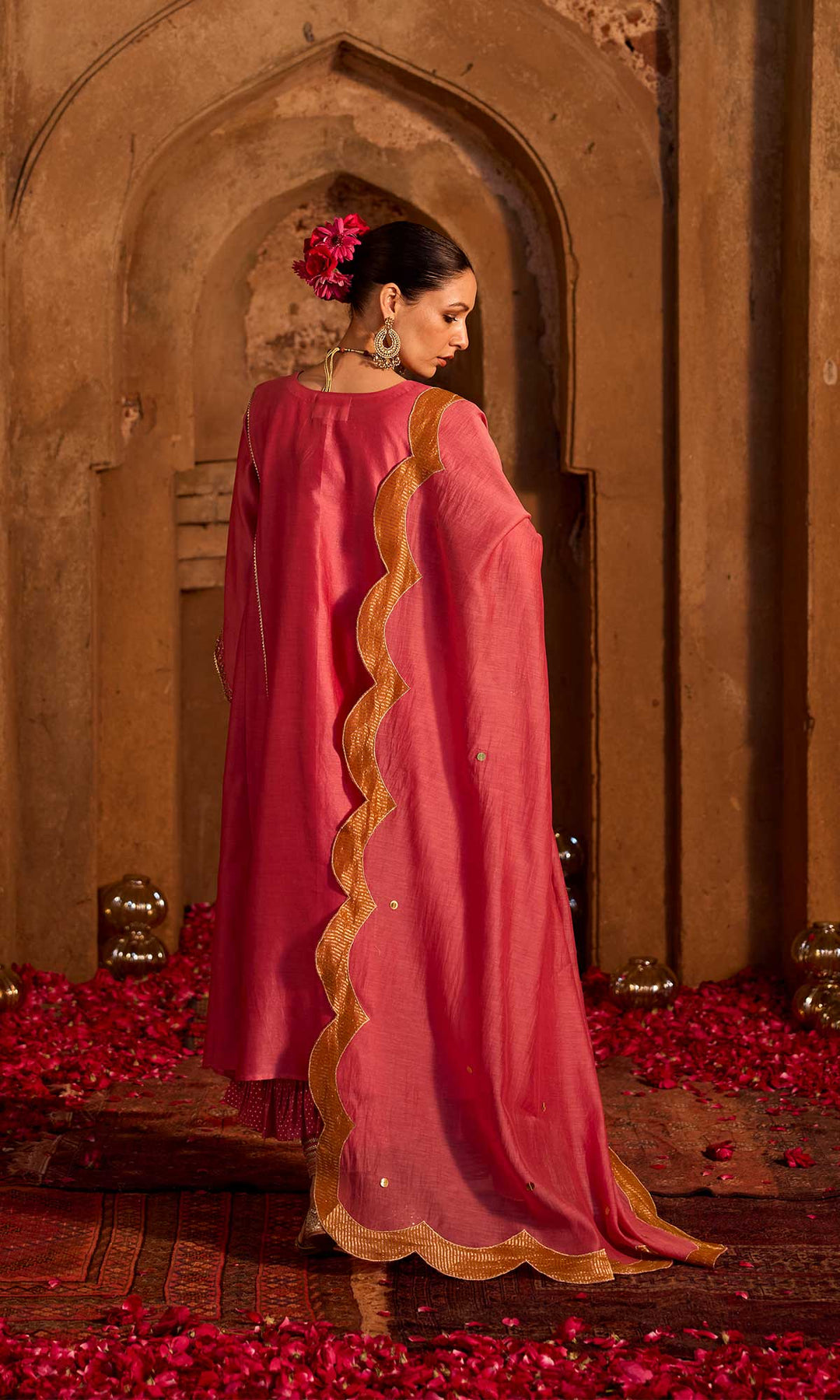 Tamara Set- Salmon Pink chanderi hand embroidered double layered kalidar kurta set with dupatta (set of 4)