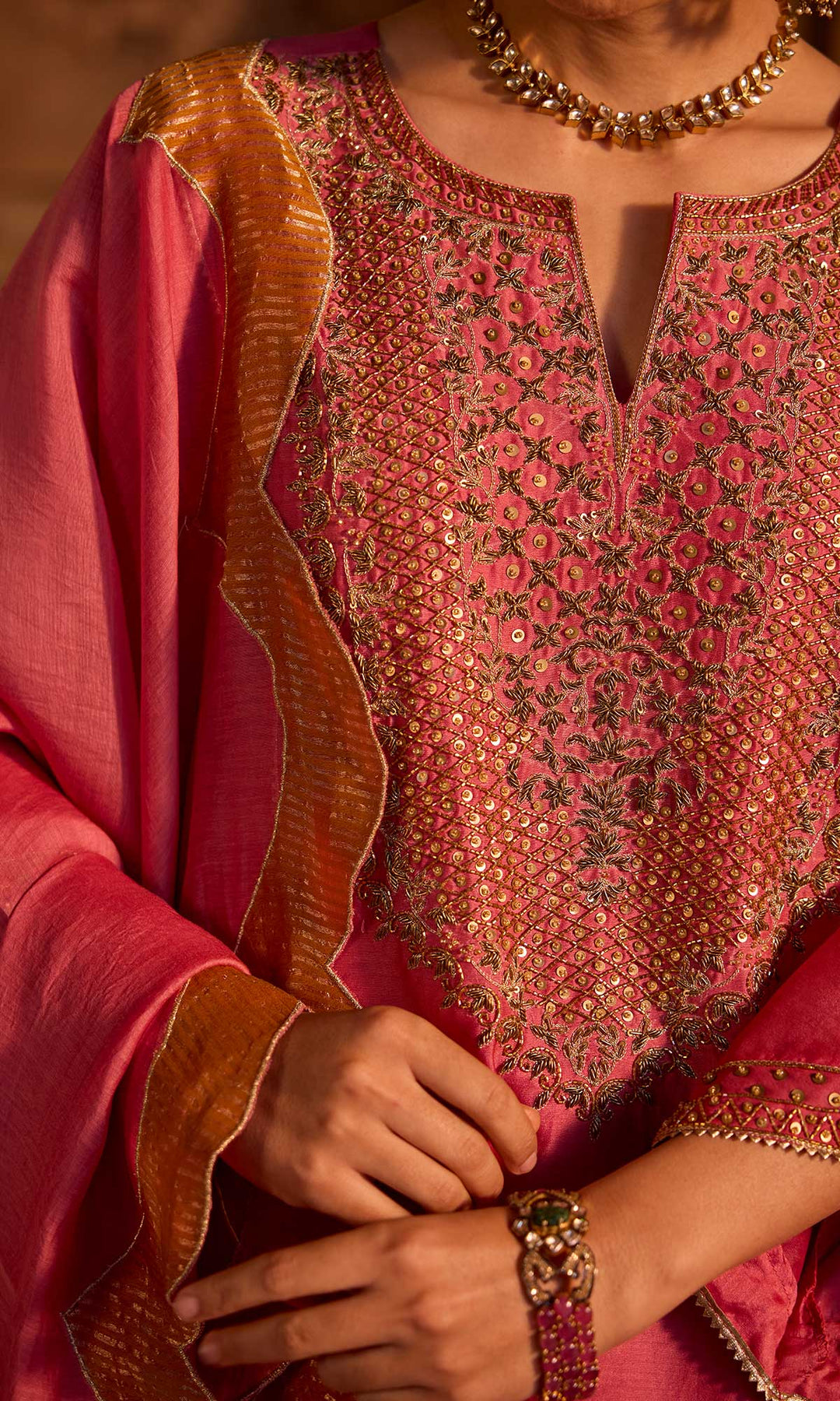 Tamara Set- Salmon Pink chanderi hand embroidered double layered kalidar kurta set with dupatta (set of 4)