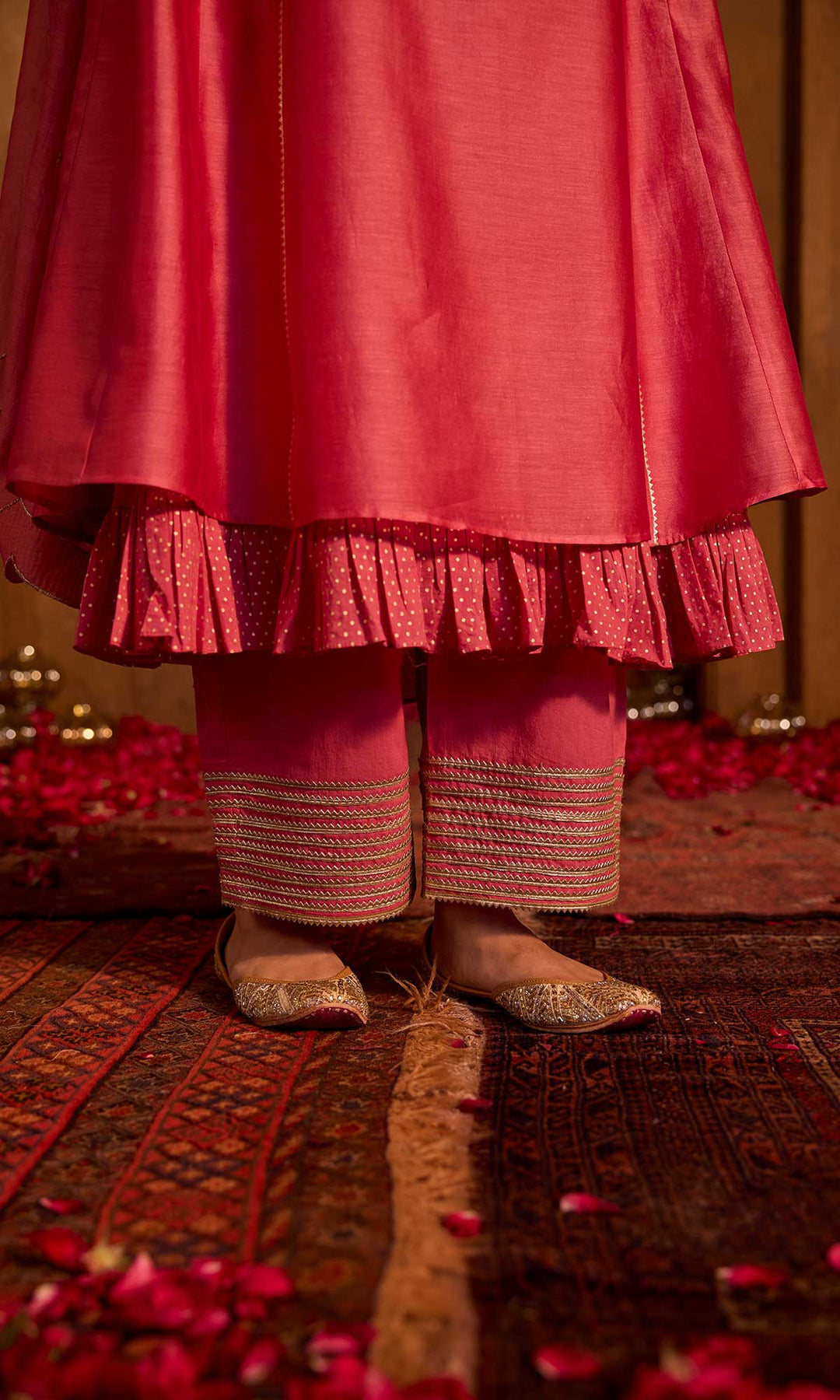 Tamara Set- Salmon Pink chanderi hand embroidered double layered kalidar kurta set with dupatta (set of 4)
