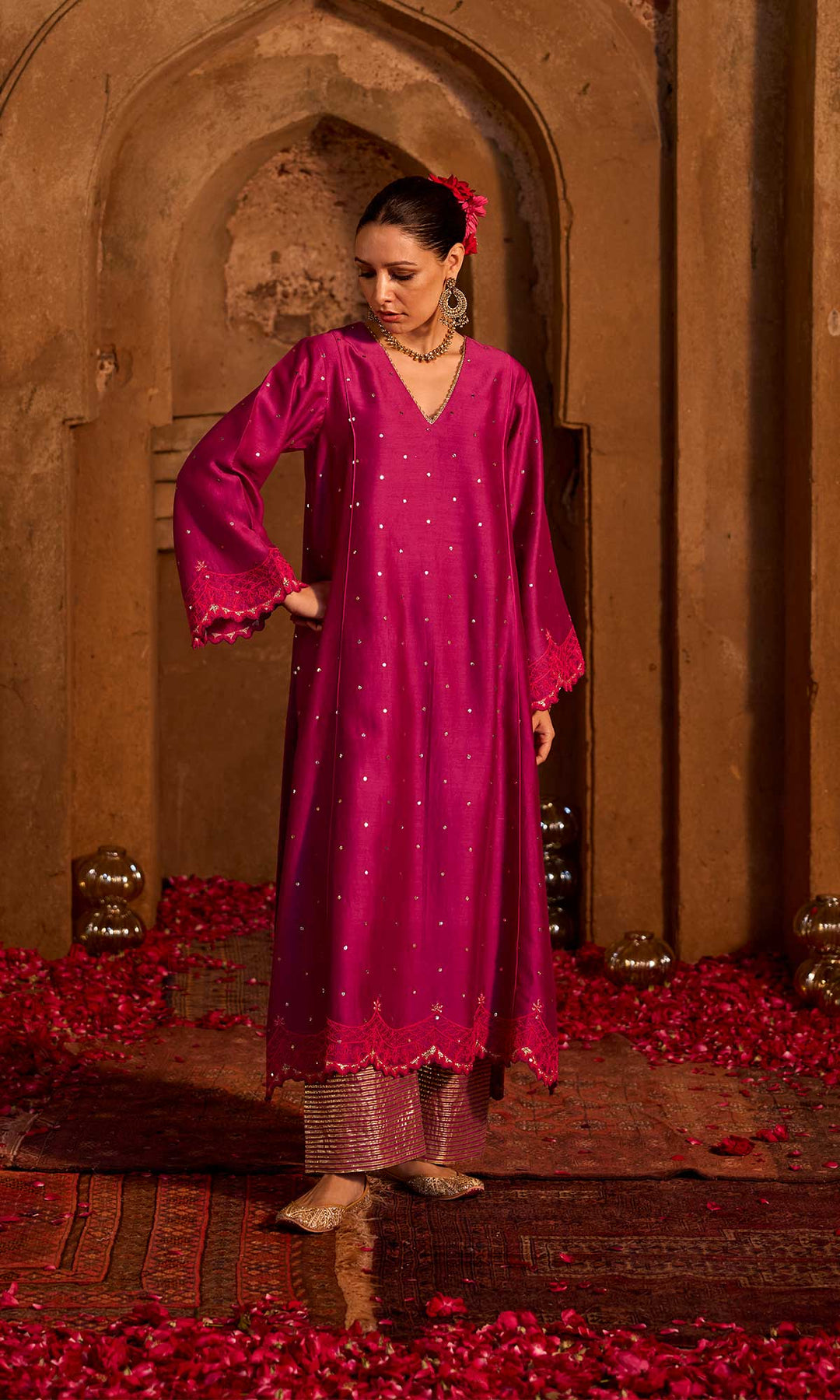 Dua Set- Mustard chanderi embroidered A-line kurta with pants and dupatta (set of 3)