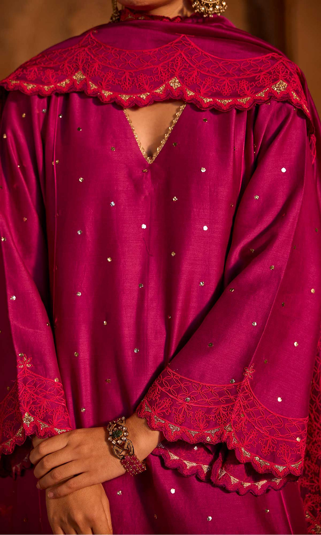 Dua Set- Mustard chanderi embroidered A-line kurta with pants and dupatta (set of 3)