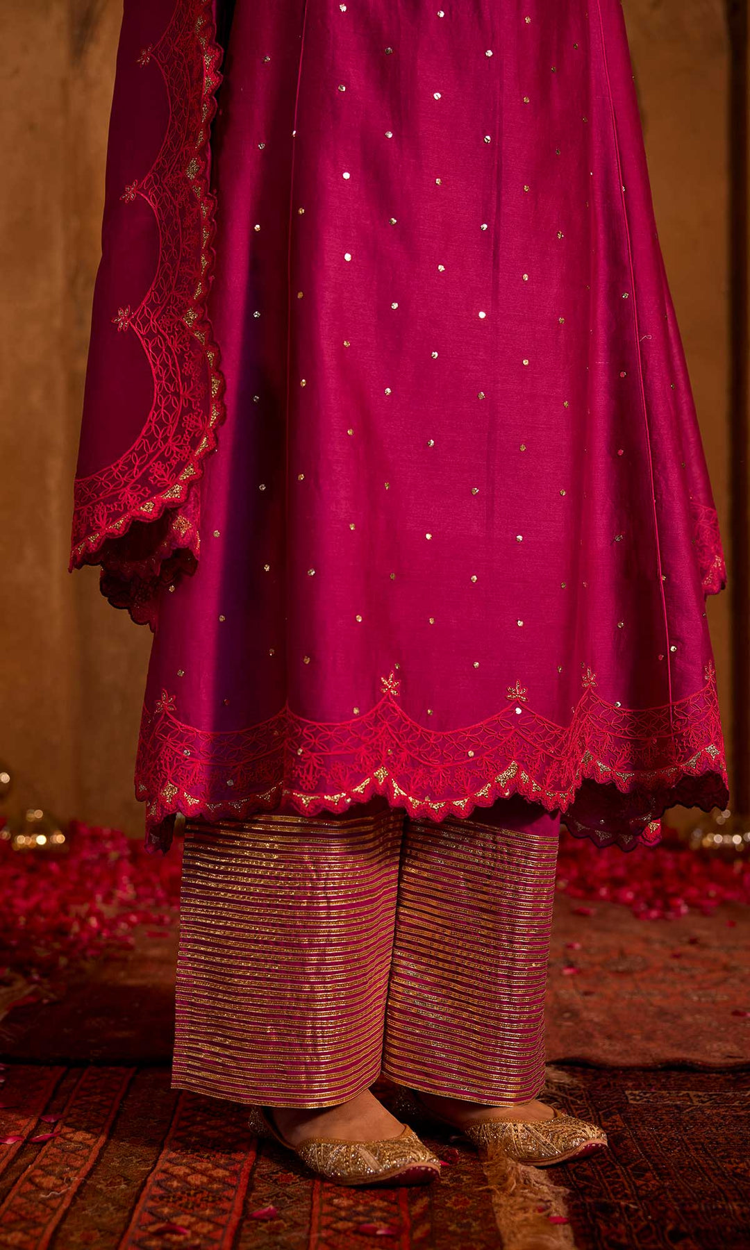 Dua Set- Mustard chanderi embroidered A-line kurta with pants and dupatta (set of 3)