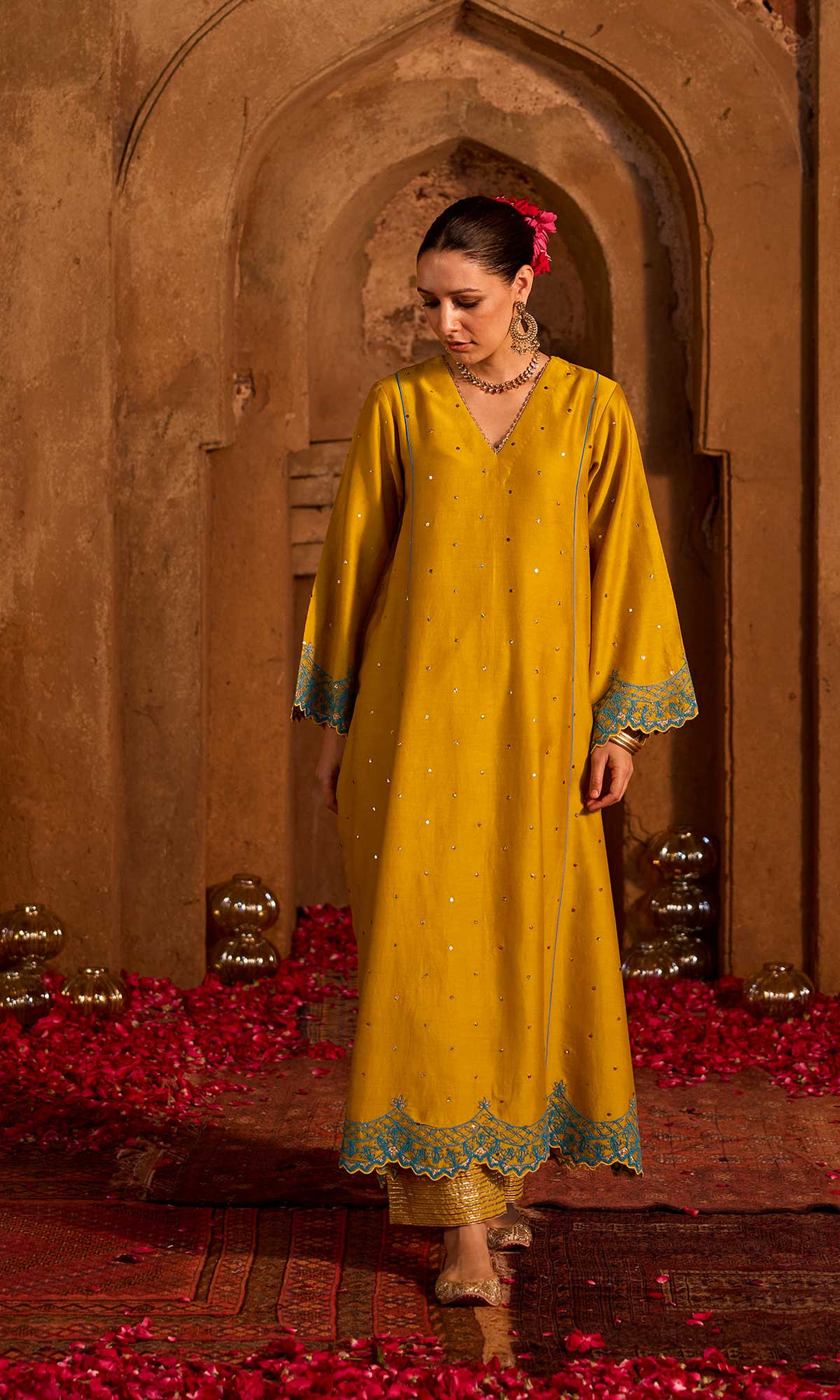 Dua Set- Mustard chanderi embroidered A-line kurta with pants and dupatta (set of 3)